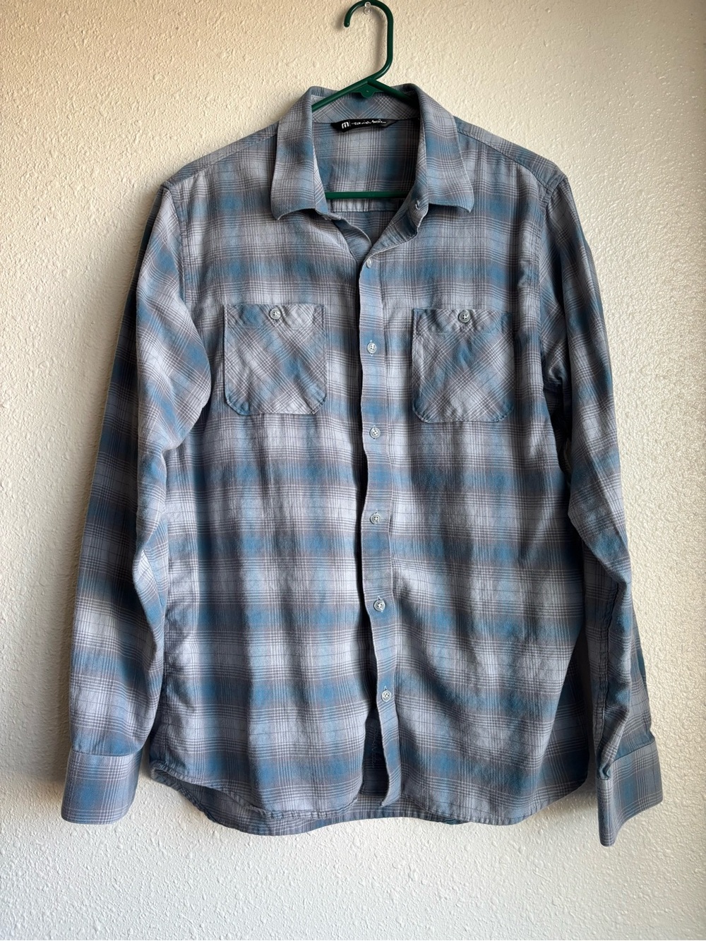 Men's Travis Mathew Plaid Button-Up Shirt in Light Blue and Gray Large